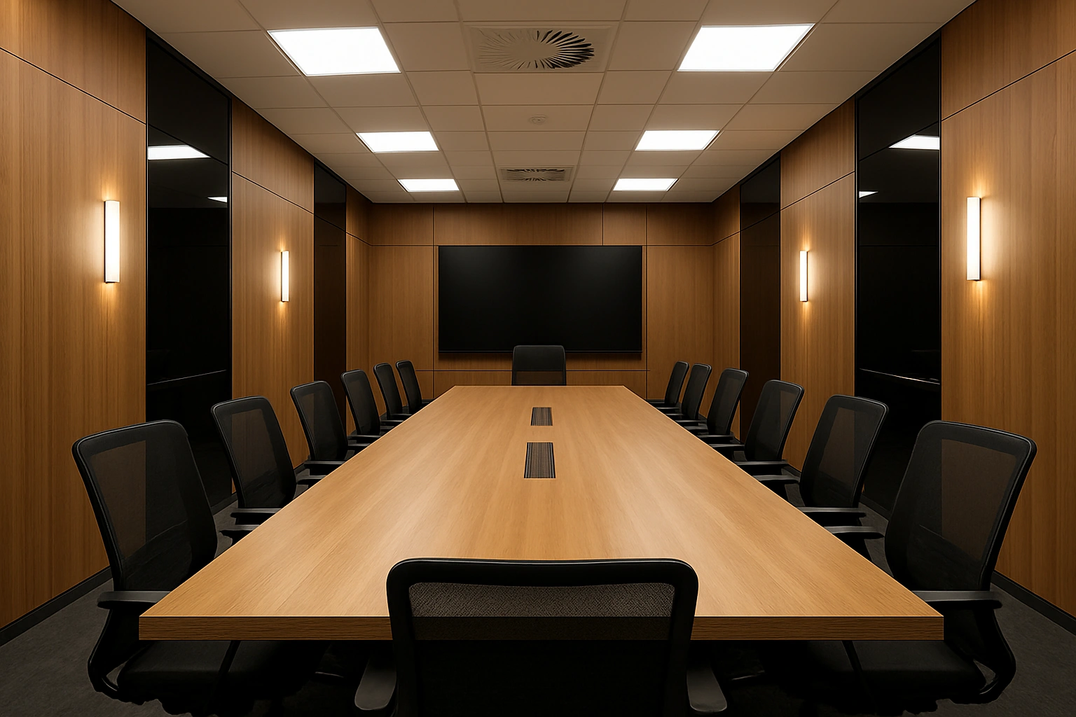 Interior view of furnished porta cabin with ergonomic chairs and conference table